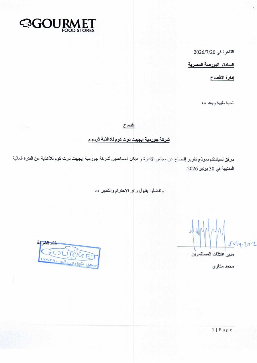 جورميه ايجيبت دوت كوم للاغذية (GOUR.CA) - نموذج تقرير إفصاح للشركة عن مجلس الإدارة وهيكل المساهمين 21/07/2026
