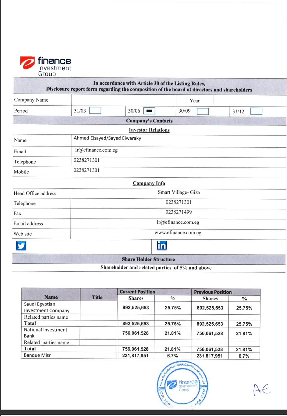 eFinance for Financial and Digital Investments (EFIH.CA) – Company's Disclosure Report on the Board of Directors and Shareholding Structure 20/07/2026