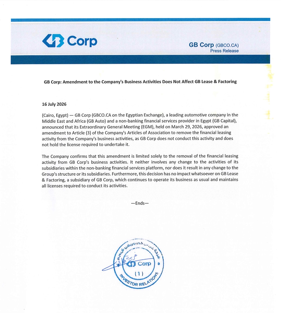 GB Corp (GBCO.CA) – Company Statement 19/07/2026